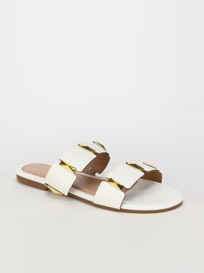 Mules plates blanches à brides et détails dorés grandes tailles