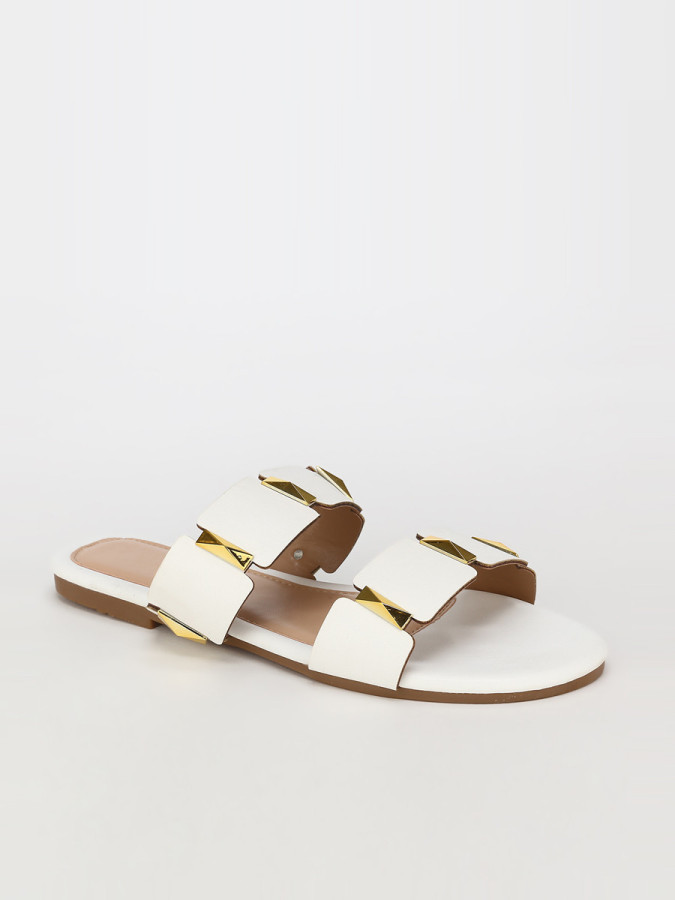 Mules plates blanches à brides et détails dorés grandes tailles