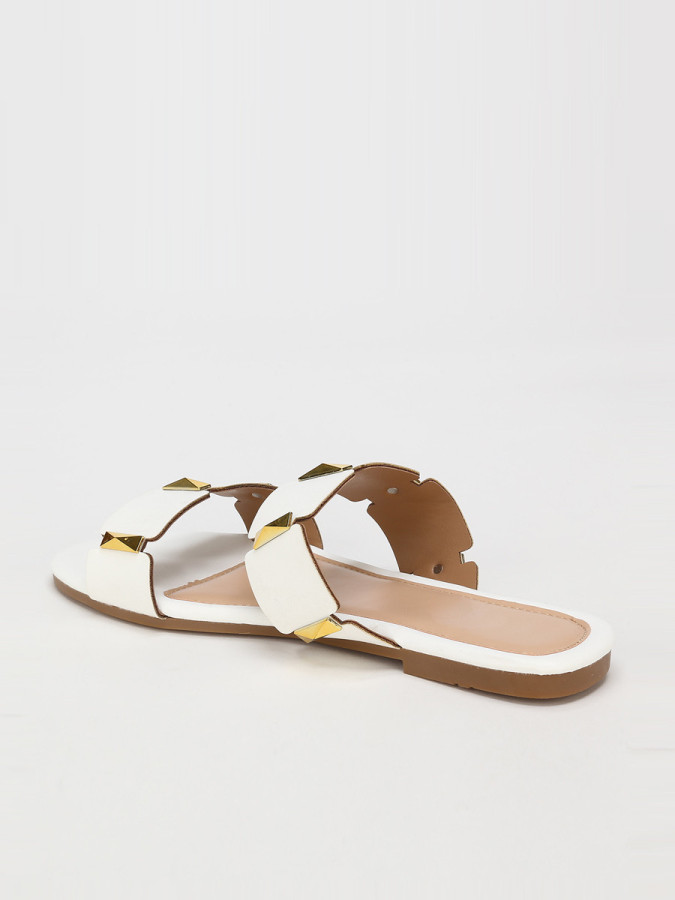 Mules plates blanches à brides et détails dorés grandes tailles