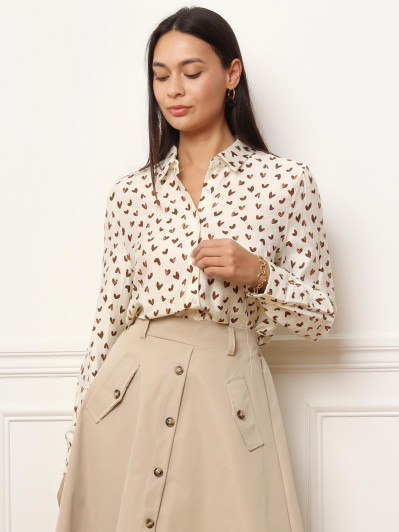 Chemise fluide à cœurs marrons et manches longues