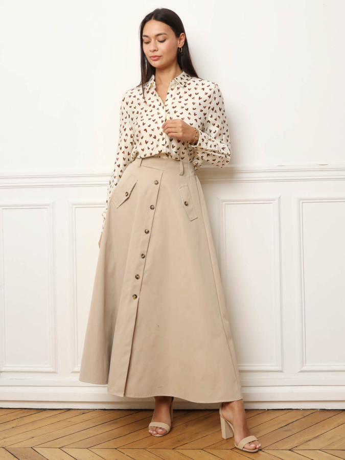 Chemise fluide à cœurs marrons et manches longues