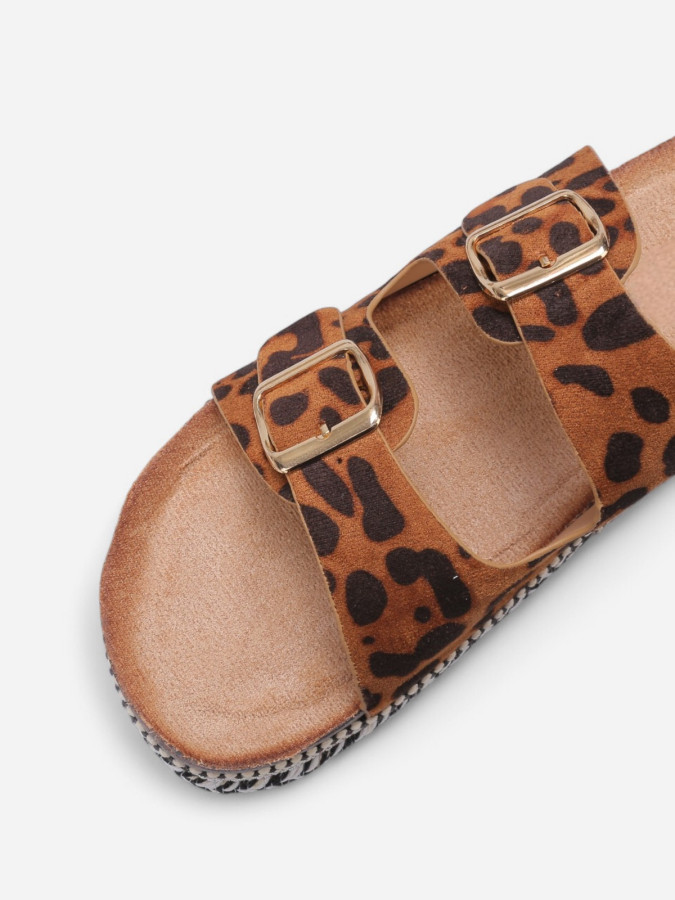 Mules en suédine à plateforme tressée léopard