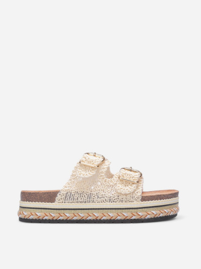 Mules brodées à plateforme beiges