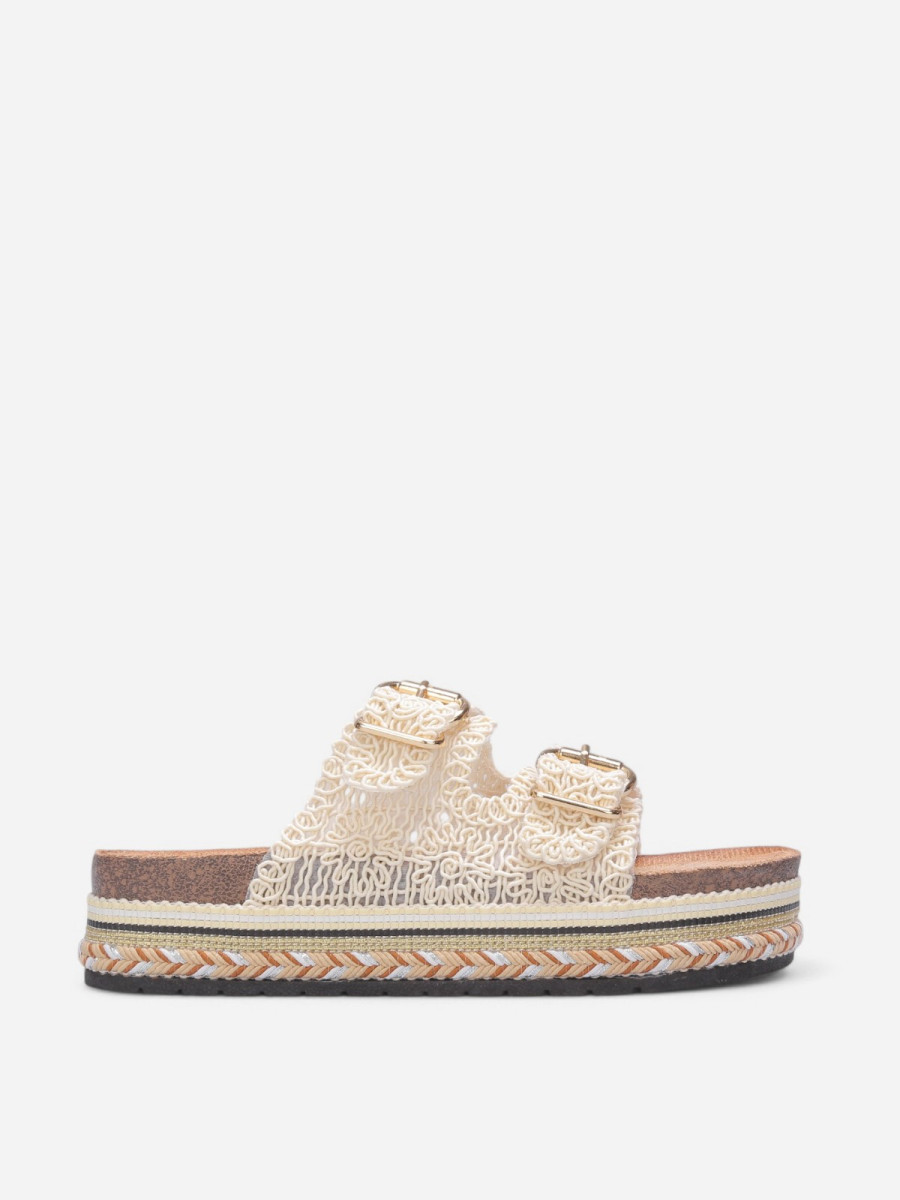 Mules brodées à plateforme beiges