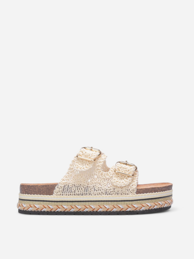 Mules brodées à plateforme beiges