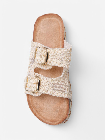 Mules brodées à plateforme beiges