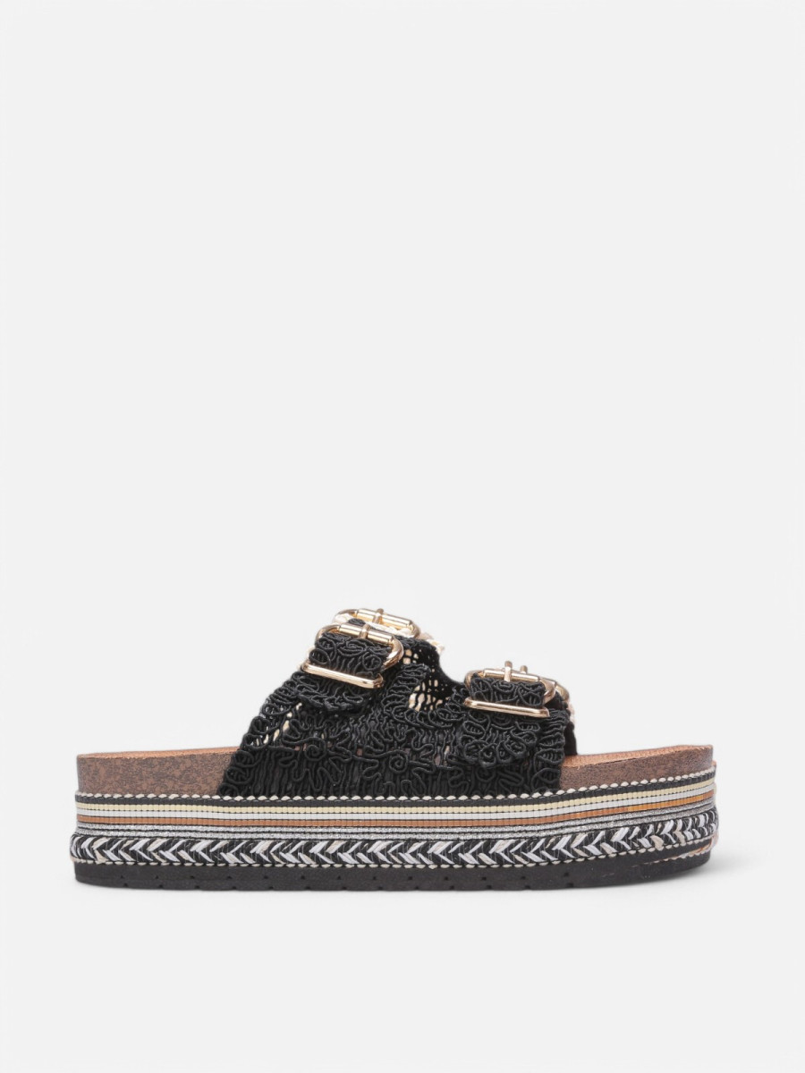 Mules brodées à plateforme noires
