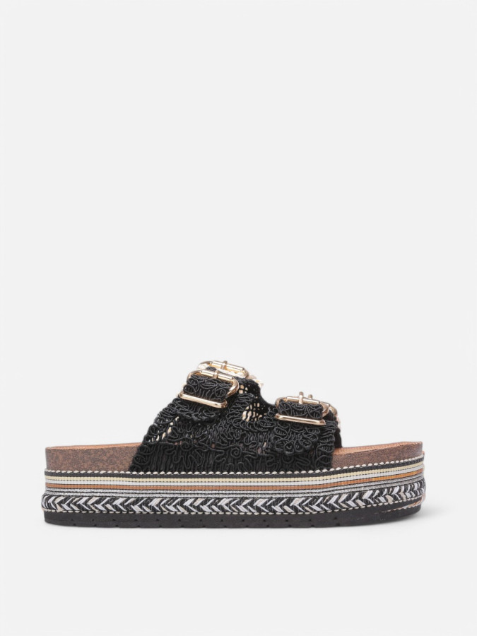 Mules brodées à plateforme noires