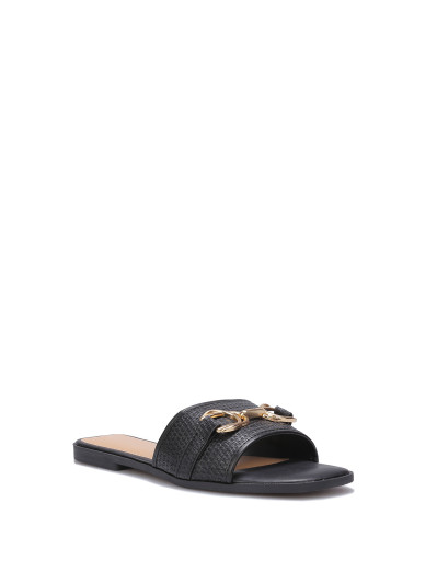 Mules noires à bride style raphia et mors doré