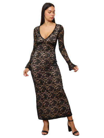 Robe longue en dentelle et manches évasées noire