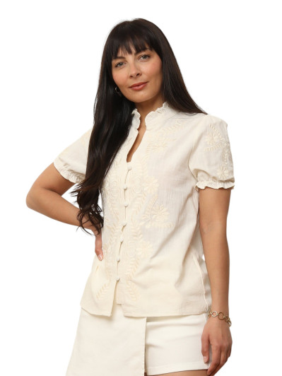 Chemisier brodé à manches froncées beige