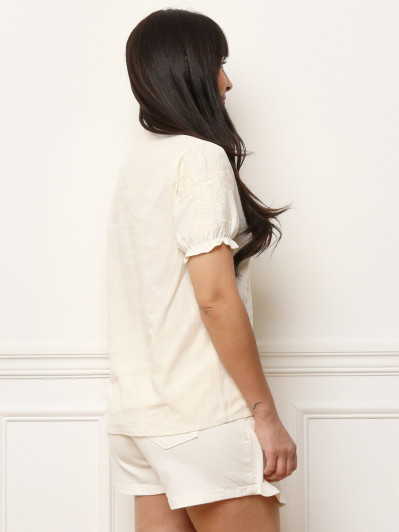 Chemisier brodé à manches froncées beige