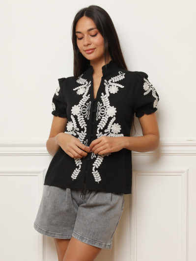 Chemisier brodé à manches froncées noir
