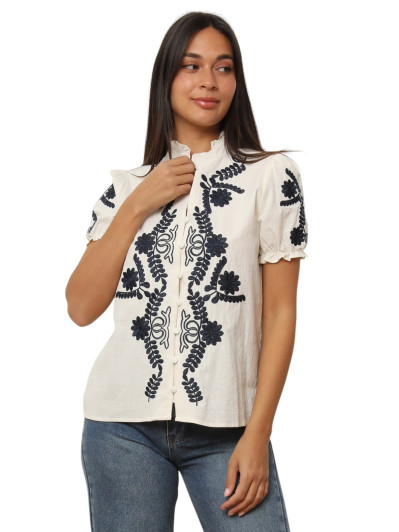 Chemisier brodé à manches froncées bleu