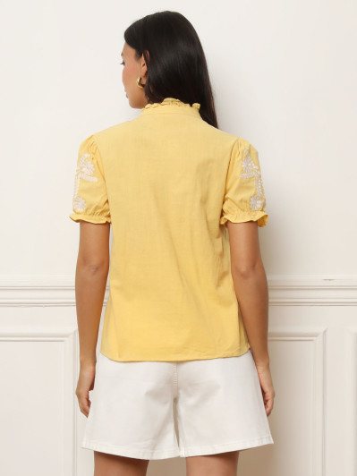 Chemisier brodé à manches froncées jaune