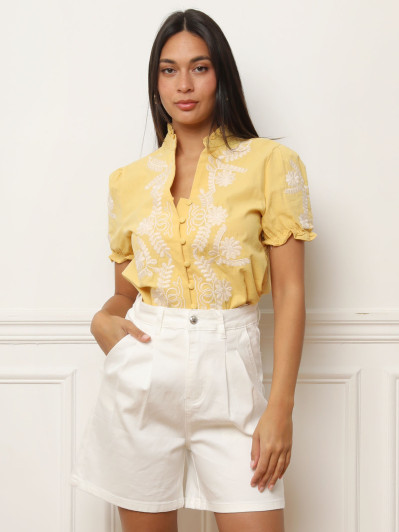 Chemisier brodé à manches froncées jaune