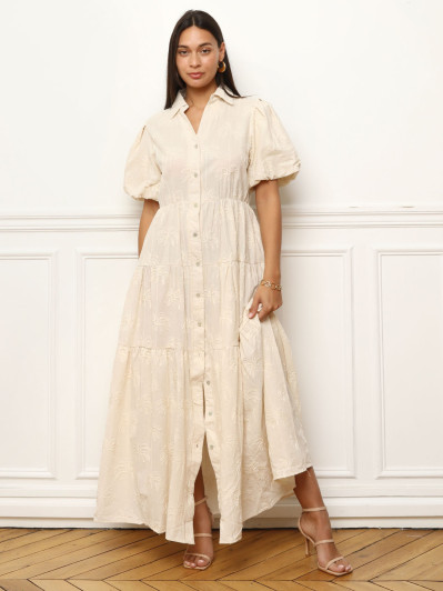 Robe chemise à broderies et manches bouffantes beige