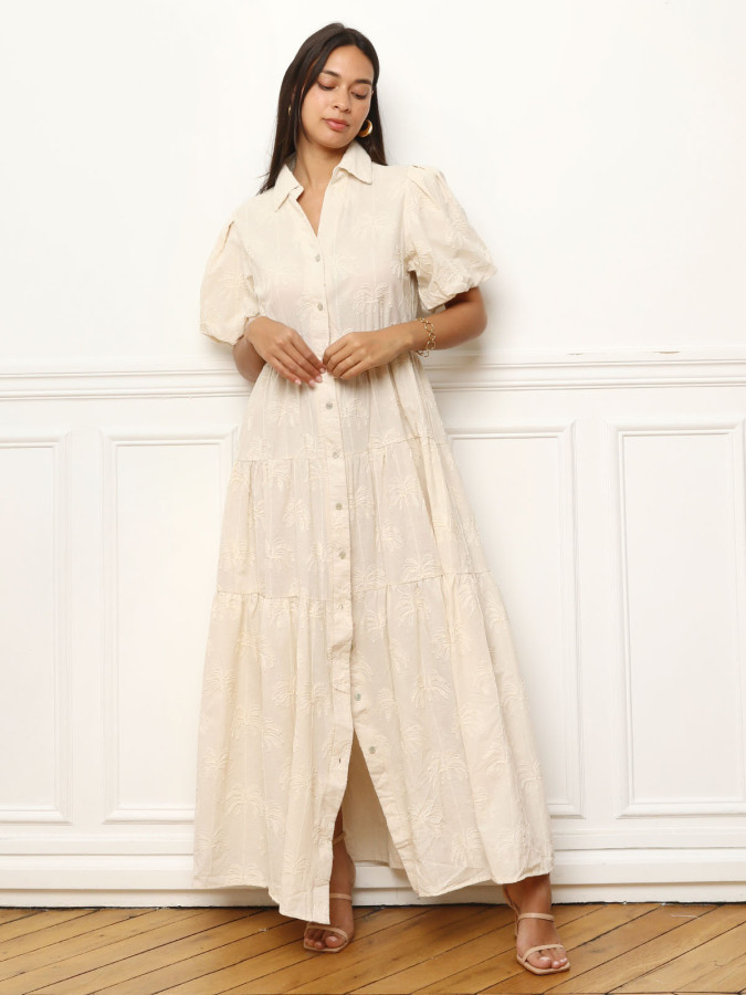 Robe chemise à broderies et manches bouffantes beige