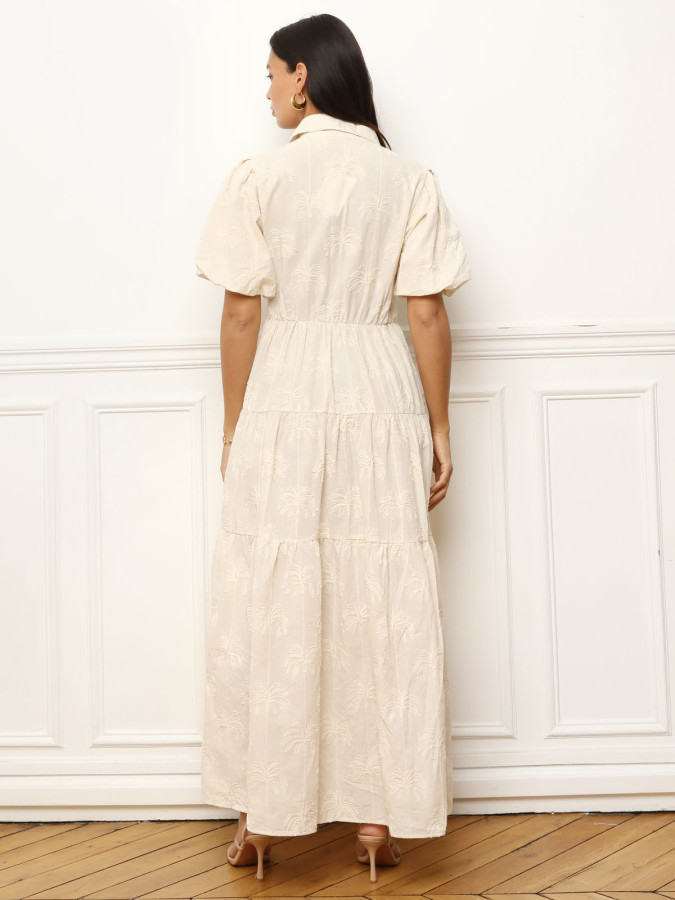 Robe chemise à broderies et manches bouffantes beige