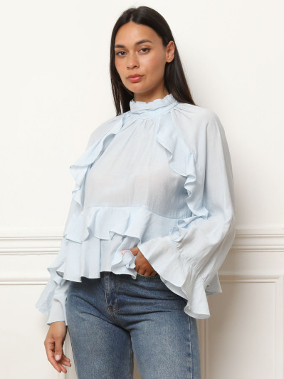Blouse ample volantée bleu clair