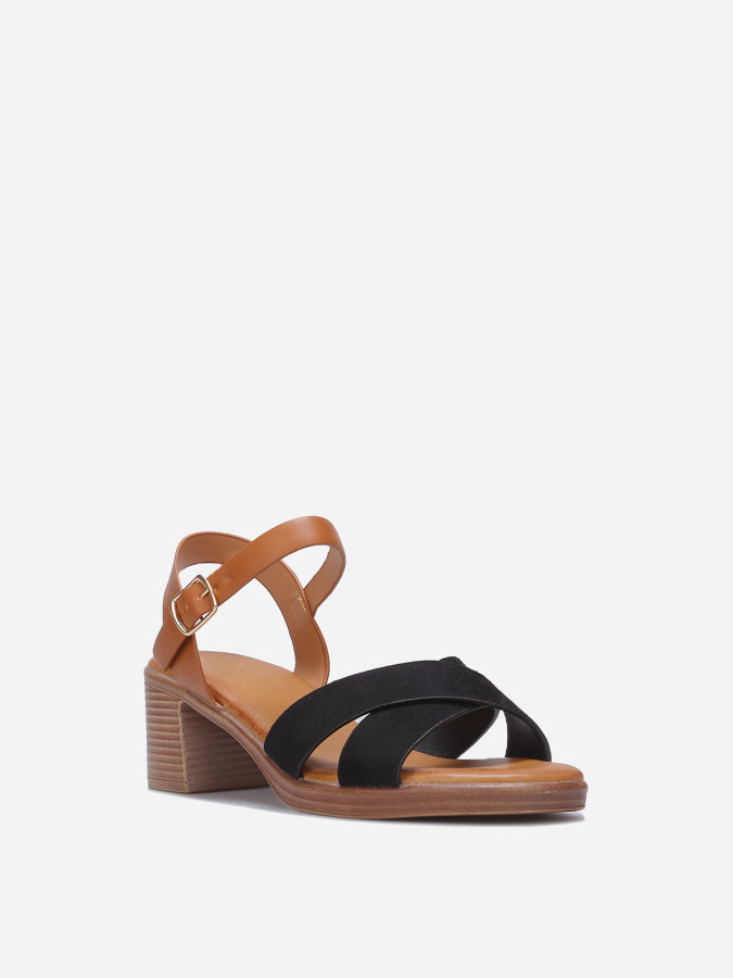 Sandales bi-matières noires et talon effet bois
