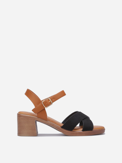 Sandales bi-matières noires et talon effet bois