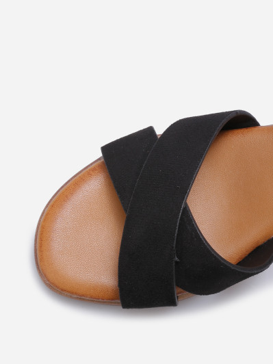 Sandales bi-matières noires et talon effet bois