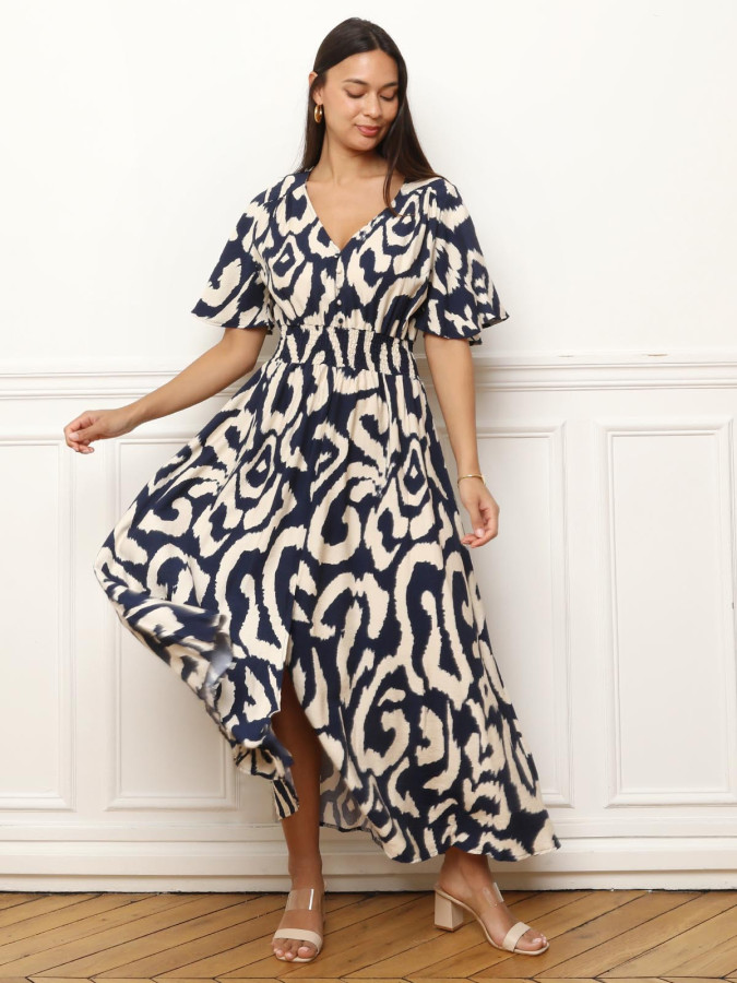 Robe longue à imprimé abstrait bleu et beige