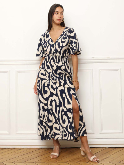 Robe longue à imprimé abstrait bleu et beige