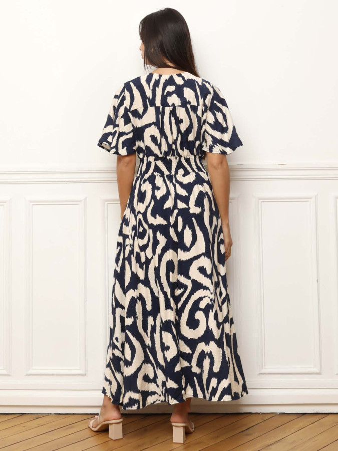 Robe longue à imprimé abstrait bleu et beige
