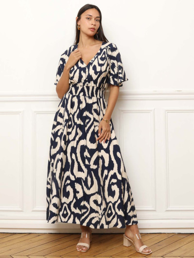 Robe longue à imprimé abstrait bleu et beige