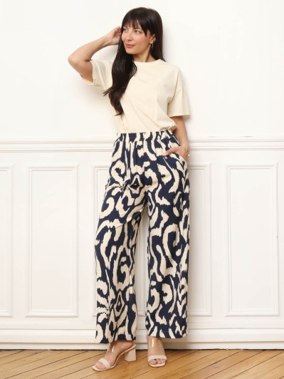 Pantalon palazzo à motifs abstraits bleu
