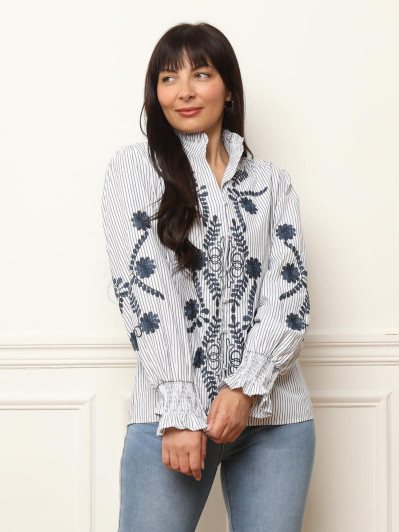 Chemisier à rayures et fleurs brodées bleue