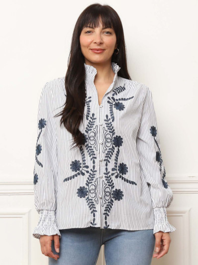 Chemisier à rayures et fleurs brodées bleue