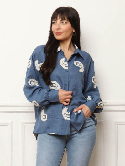 Chemise fluide à broderie cachemire bleue