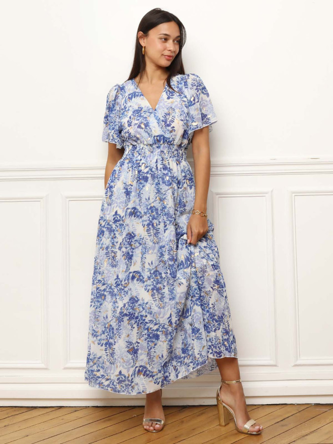 Robe longue à motifs floral et feuilles dorées bleue