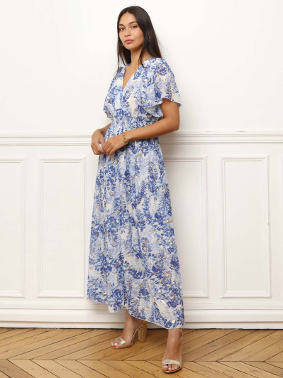 Robe longue à motifs floral et feuilles dorées bleue