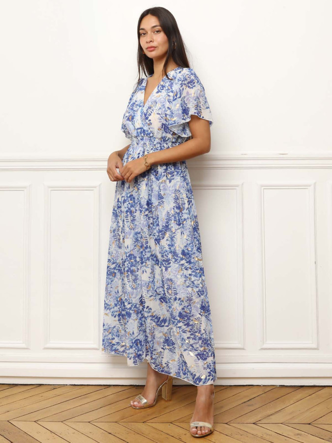 Robe longue à motifs floral et feuilles dorées bleue