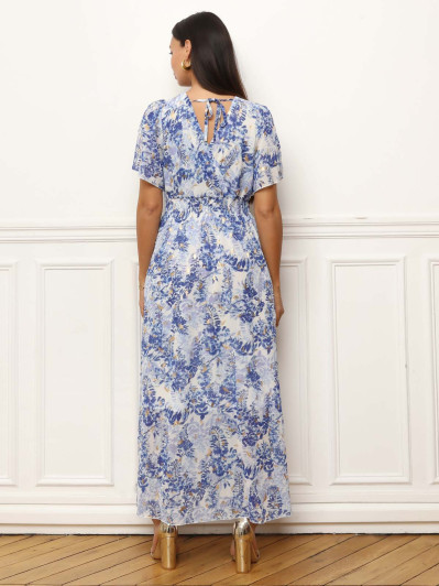 Robe longue à motifs floral et feuilles dorées bleue