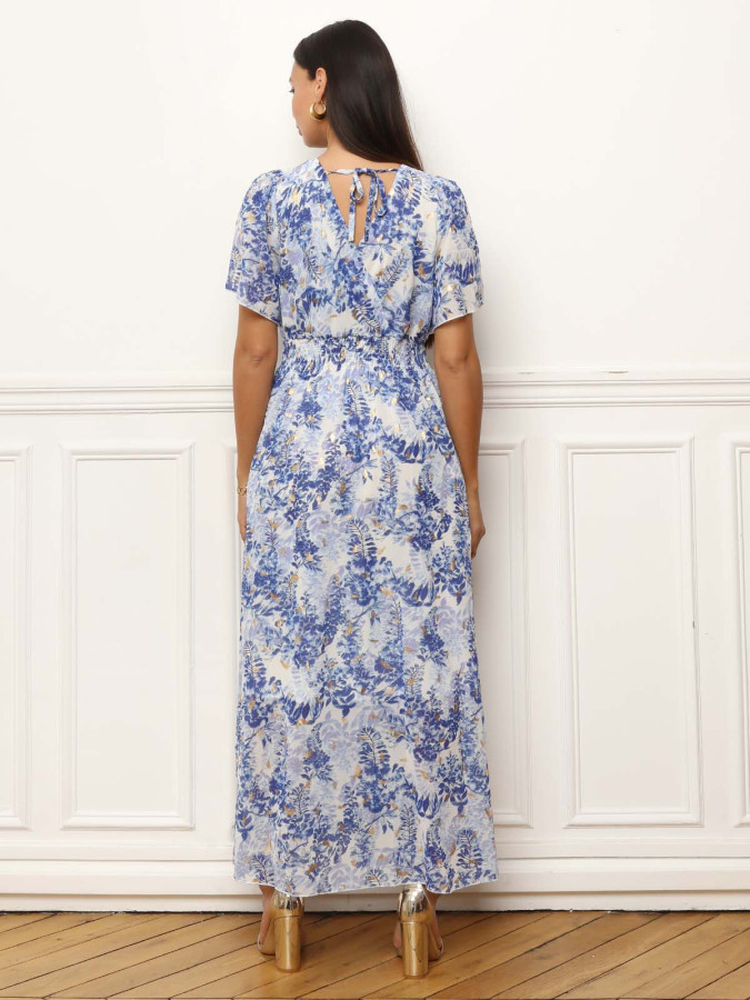 Robe longue à motifs floral et feuilles dorées bleue