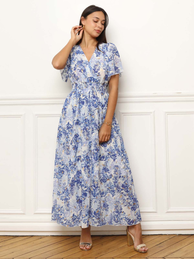 Robe longue à motifs floral et feuilles dorées bleue