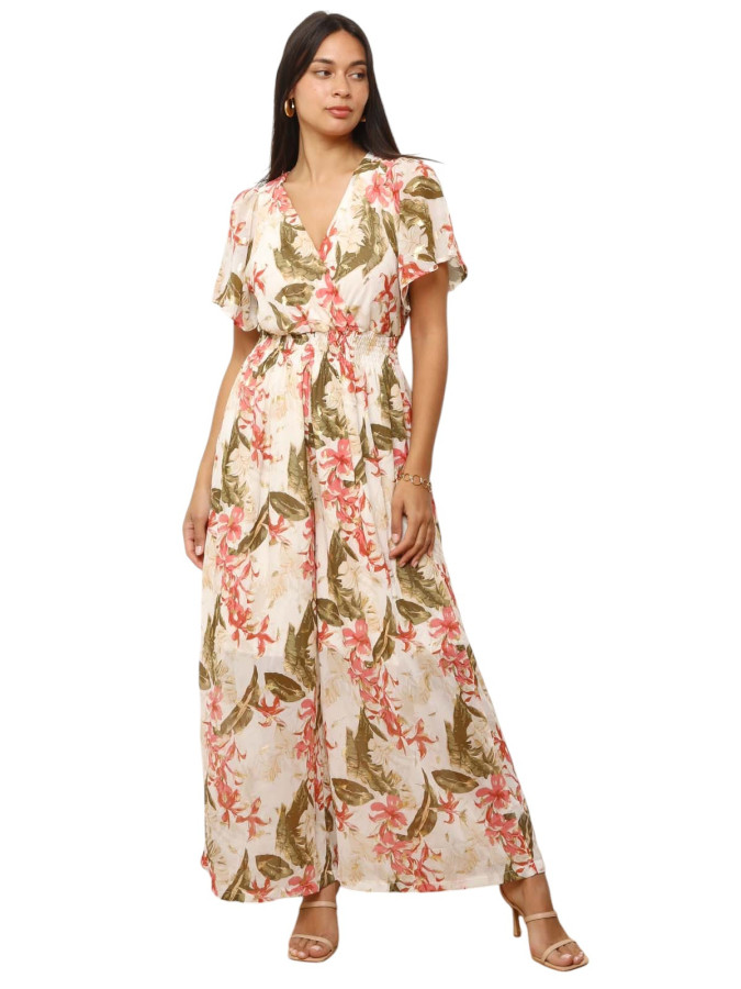 Combinaison à motifs floral et feuilles dorées beige