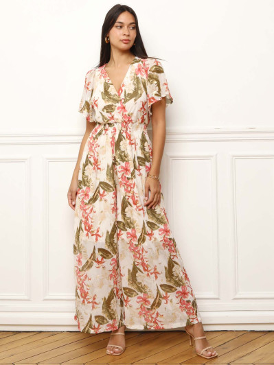 Combinaison à motifs floral et feuilles dorées beige