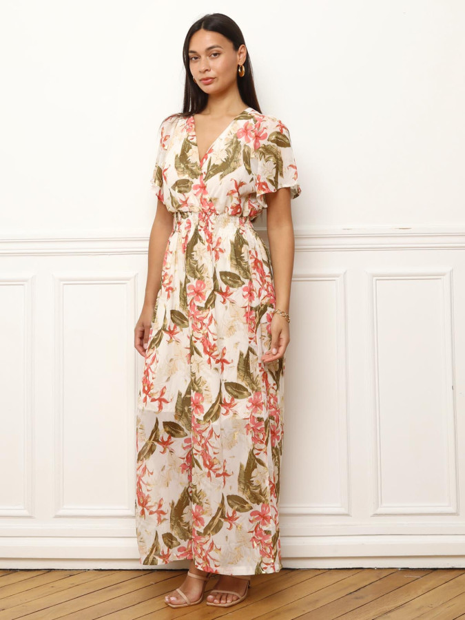 Combinaison à motifs floral et feuilles dorées beige