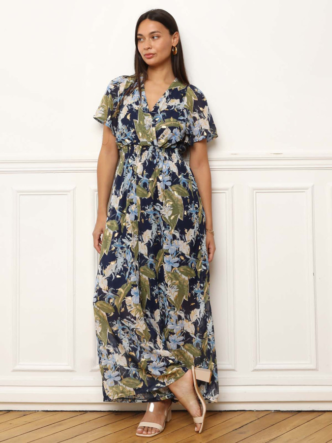 Combinaison à motifs floral et feuilles dorées bleue