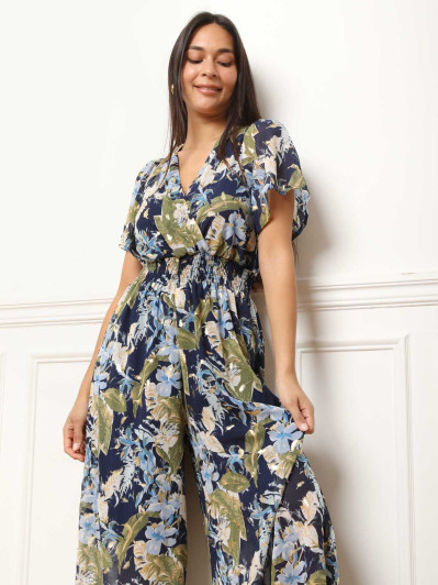 Combinaison à motifs floral et feuilles dorées bleue