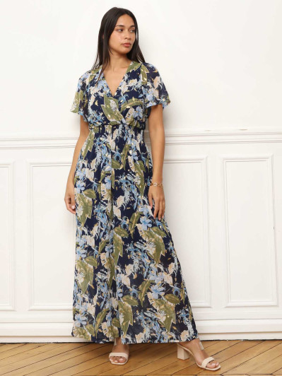 Combinaison à motifs floral et feuilles dorées bleue