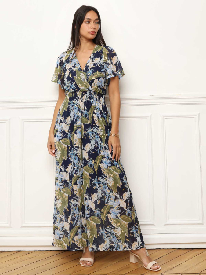 Combinaison à motifs floral et feuilles dorées bleue