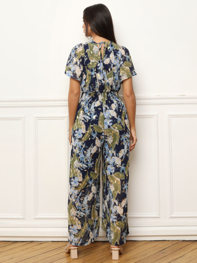 Combinaison à motifs floral et feuilles dorées bleue