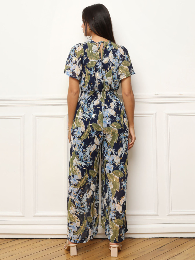Combinaison à motifs floral et feuilles dorées bleue